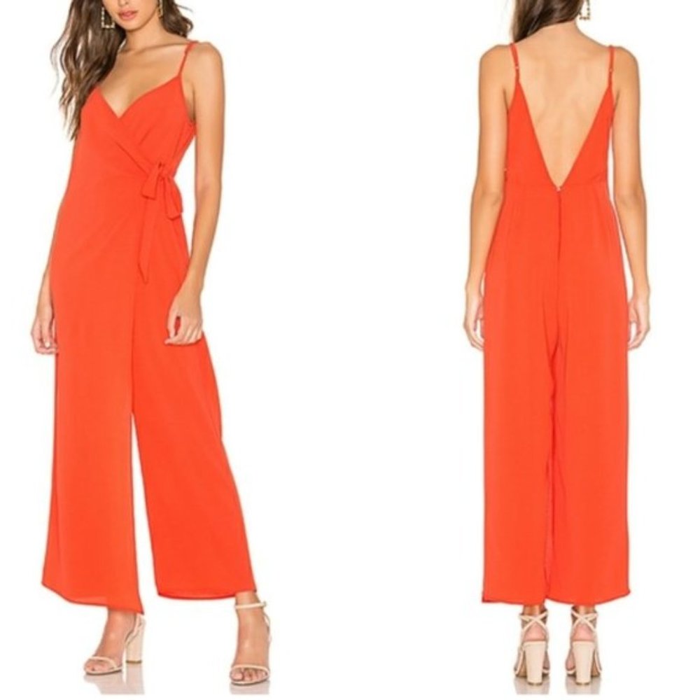 Show Me Your Mumu Daria wide leg wrap jumpsuit in Bellini (red)